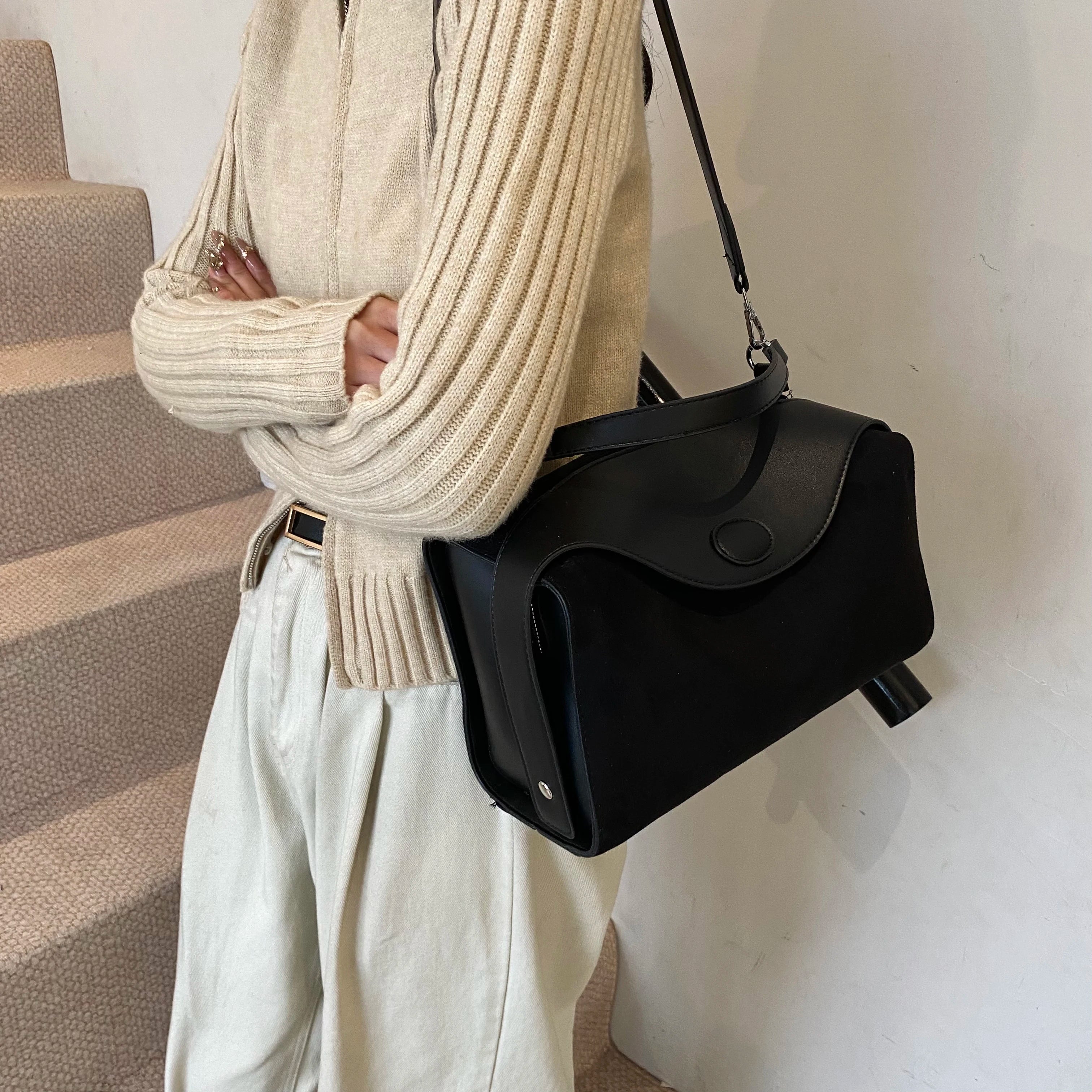 Suede & Leather Shoulder Bag - CLÉMENCE
