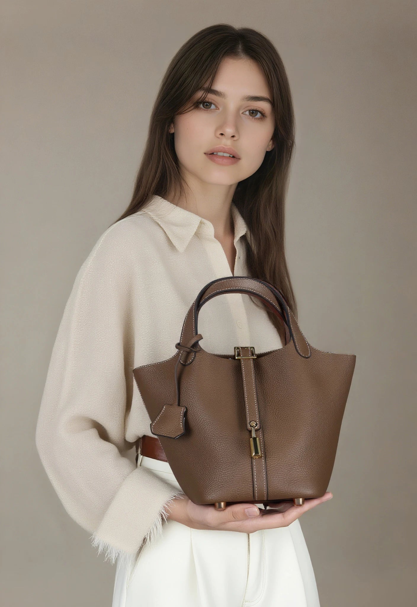 Genuine Leather Bucket Bag - LÉONIE